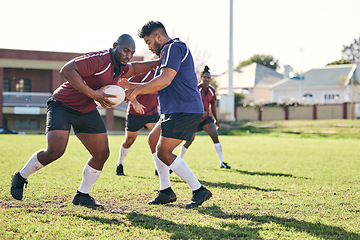 Image showing Rugby, sports and rival with a team on a field together for a game or match in preparation of a competition. Fitness, health and teamwork with a male athlete group training on grass for practice