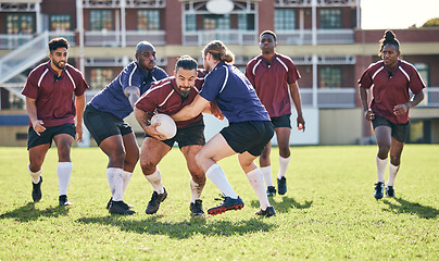 Image showing Rugby, fitness and tackle with a team on a field together for a game or match in preparation of a competition. Sports, training and teamwork with a group of men outdoor on grass for club practice