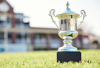 Image showing Trophy on grass, champion and prize with fitness outdoor, competition and game with mockup space. Award on pitch, reward and tournament cup with goals, stadium and sports ground field with winner