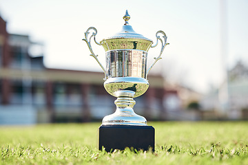 Image showing Trophy on grass, champion and award with fitness outdoor, competition and game with mockup space. Prize on pitch, reward and tournament cup with goals, stadium and sports ground field with winner