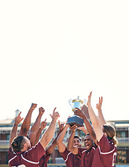 Image showing Rugby, team and winning with trophy, champion and men at stadium with success, celebration and achievement. Male people outdoor, exercise and competition, sports game and cheers with mockup space