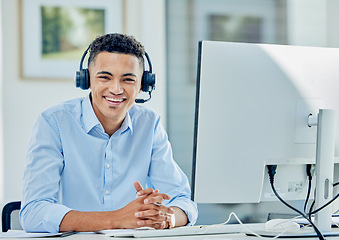 Image showing Telemarketing, portrait and man with a smile, call center and employee with headphones, tech support and customer service. Agent, consultant and person with a headset, computer and help desk for crm