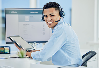 Image showing Technology, consultant and portrait of help in call center, customer service and advice in technical support on tablet or computer. Contact us, agent and businessman online with care in communication