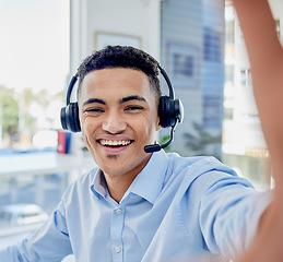 Image showing Happy man, call center selfie and communication portrait in customer service or technical support on social media. Face of consultant, virtual agent or business person smile in office profile picture