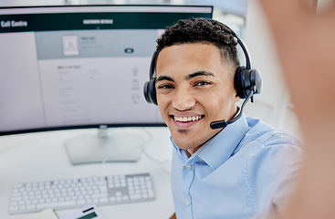 Image showing Man, call center selfie and communication portrait for customer service and e commerce on computer screen. Face of consultant, agent or business person for social media or profile picture on desktop