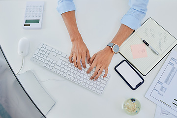 Image showing Person, hands and keyboard for planning finance, accounting and taxes management with phone screen mockup. Business worker or accountant typing on computer with calculator, notebook and mobile above