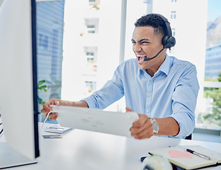 Image showing Stress, call center or angry scream of man at computer for problem, 404 glitch and telemarketing mistake. Crazy, frustrated and anger of salesman with pc keyboard for tech error, challenge and crisis