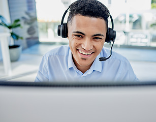 Image showing Call center, customer service and male consultant in the office doing an online consultation. Contact us, crm and professional young man telemarketing agent working with a headset in the workplace.