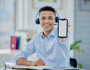 Image showing Telemarketing, mockup and man with a smartphone, call center and advertising with customer service, ecommerce or employee. Person, agent or consultant with a cellphone screen, website or tech support