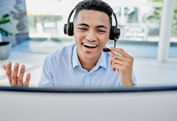 Image showing Telemarketing, customer service and man agent in the office doing an online consultation. Contact us, crm and professional young male call center consultant working with a headset in the workplace.