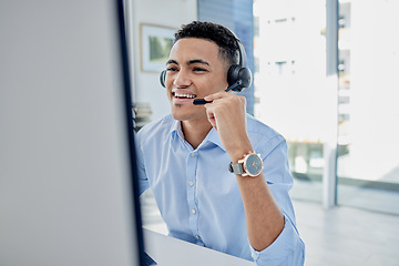 Image showing Customer support, call center and male agent in the office doing an online consultation. Contact us, crm and professional young man telemarketing consultant on a call with a headset in the workplace.