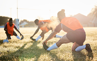 Image showing Rugby, team and people stretching at training for match or competition in the morning doing warm up exercise on grass. Wellness, teamwork and group of players workout together in professional sports