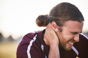 Image showing Neck pain, man and fitness accident, injury and athlete outdoor with cramps and muscle tension. Exercise, sports and male person with inflammation, health crisis and player with training outdoor