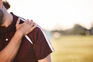 Image showing Shoulder pain, man with injury and exercise accident, athlete outdoor with cramps and muscle tension. Fitness, sports and male person, health crisis and rugby player, inflammation and mockup space