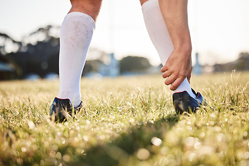 Image showing Ankle pain, hand and injury with fitness accident, athlete outdoor with cramps and muscle tension. Exercise, sports and person with health crisis, closeup and grass with inflammation and osteoporosis