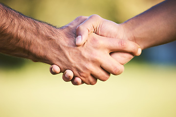 Image showing Shaking hands, sports and team collaboration of men, exercise challenge or trust. Handshake, deal and athlete people in welcome, intro or thank you, agreement or partnership, closeup or mockup space