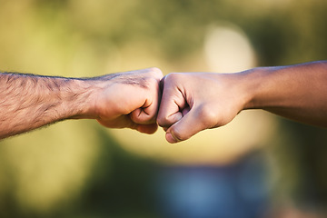 Image showing Sports, fist bump and teamwork, support and solidarity, cooperation and trust. Hands together, rugby partnership and athlete people in agreement, collaboration and deal, thank you and welcome closeup