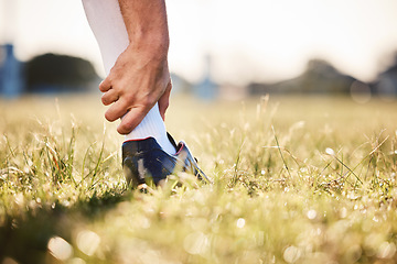 Image showing Ankle pain, hand and injury with exercise accident, athlete outdoor with cramps and muscle tension. Fitness, sports and person with health crisis, closeup and grass with inflammation and osteoporosis