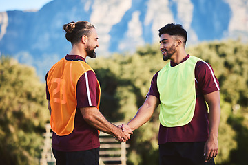 Image showing Handshake, rugby team and men in sports, exercise training or cooperation at field outdoor. Shaking hands, partnership and happy athlete people in agreement, intro and thank you, welcome or challenge