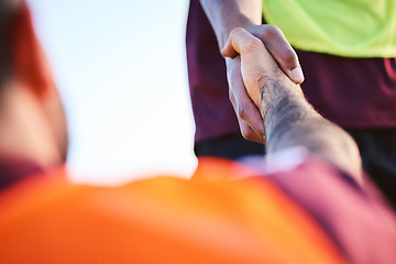 Image showing Rugby, helping hand and teamwork, collaboration and support, cooperation and trust. Handshake, sports partnership and athlete people in agreement, solidarity and deal, thank you and welcome closeup