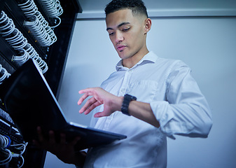 Image showing Laptop, server room technician and man problem solving cloud computing, data center or cybersecurity network. Software analysis, supercomputer update and admin person inspection of system connection