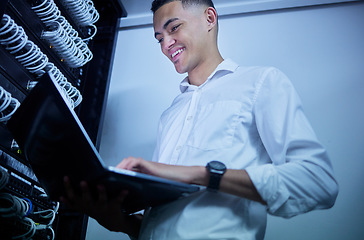 Image showing Laptop, server room technician and happy man smile for cloud computing success, data center insight or online progress. Software program, information technology and person update system connection