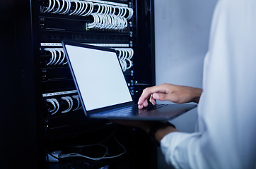 Image showing Laptop, person hands or server room technician work on data center, online database or problem solving cloud computing network. Cybersecurity, computer screen mockup or worker service software system