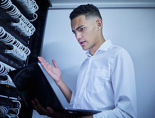 Image showing Laptop problem, server room technician and man react to software glitch, system fail or online database error. Cybersecurity risk, programmer and male IT specialist stress over datacenter virus