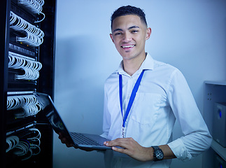 Image showing Man, electrician and computer in server room inspection, cybersecurity maintenance and IT cables or hardware solution. Technician, engineering portrait and laptop for data, firewall and programming