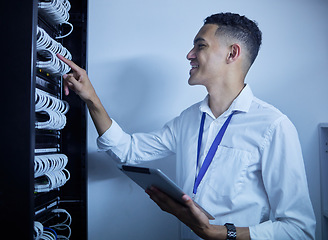 Image showing Man, electrician and tablet in server room or data center inspection, system solution or cybersecurity management. Engineering person on digital technology by power cables, electricity or programming