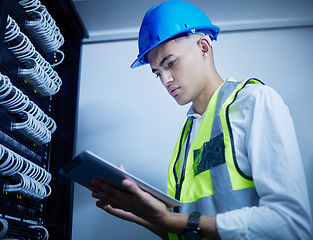 Image showing Man, engineering and server room, tablet and data center management, power upgrade or cybersecurity check. Young, electrician person on digital tech for programming, electricity or cables maintenance