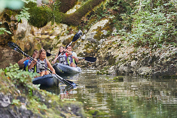 Image showing A group of friends enjoying having fun and kayaking while exploring the calm river, surrounding forest and large natural river canyons