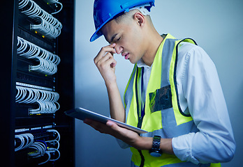 Image showing Electrician, tablet and control room, man with headache and technology, power box with upgrade and health crisis. Migraine, overworked and male technician, energy supply check with digital assessment