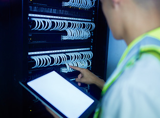 Image showing Electrician, tablet screen and control room, man with mockup and technology, power box with cable and system server. Programming, UX and technician, energy supply check and digital assessment