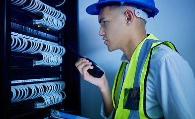 Image showing Electrician, radio communication and control room, man in maintenance and technology, power box and cable update. Walkie talkie, technician and service, generator inspection and electrical assessment