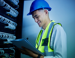 Image showing Electrician, maintenance guide and control room, man with paperwork and power box with cable update and engineering. Documents, service and technician, energy supply and assessment with electricity