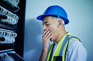 Image showing Electrician, control room with man yawning, tired with tablet and tech, power box with update and burnout. Fatigue, overworked and stress of technician with energy supply check and digital assessment