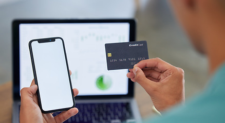 Image showing Hands, credit card and phone screen, e commerce and fintech, laptop and analytics with payment. Customer person, online shopping and internet banking, app and finance with retail, market stats and UX