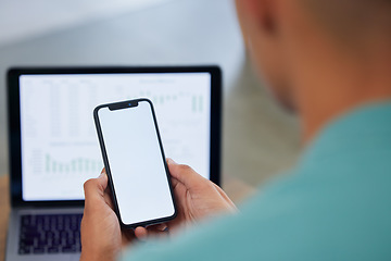 Image showing Phone screen, mockup and social media, app and communication with laptop and market statistics. Smartphone, UX and technology, person and data analysis with dashboard on pc and information with UI