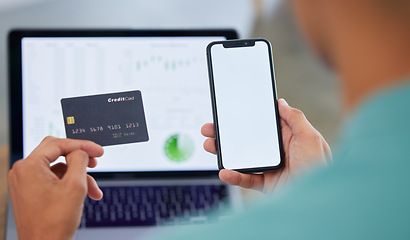 Image showing Hands, credit card and phone screen, online shopping and fintech, laptop and analytics with payment. Customer person, e commerce and internet banking, app and finance with retail, market stats and UX