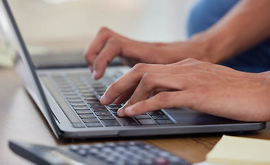 Image showing Hands, laptop keyboard and typing with finance, budget and person writing financial report with calculator and numbers. Information, accounting and admin with taxes and money management online