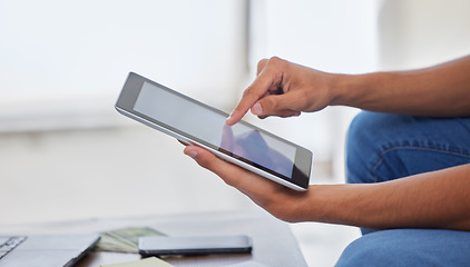 Image showing Hands, tablet and scroll, social media and app with communication, internet and connection. Wireless technology, touchscreen and person typing, paperless and digital with website and research online