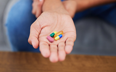 Image showing Pills in hand, closeup and medicine with health, vitamin supplements and medical prescription. Drugs, wellness and healthcare with tablet for virus, sick person with medication and pharmaceutical