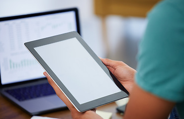 Image showing Tablet in hands, screen and mockup, social media app and communication with laptop and market statistics. Smartphone, UX and technology, person and data analysis, dashboard on pc and info with UI