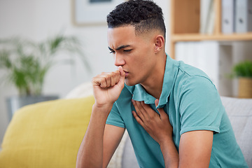 Image showing Man, cough and sick with virus, health and covid, medicine with cold or flu while at home. Young male person, allergy and lung disease, healthcare and asthma, infection and illness with bacteria
