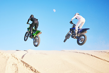 Image showing Bike, sand and sports with people in the desert for adrenaline, adventure or training in nature.