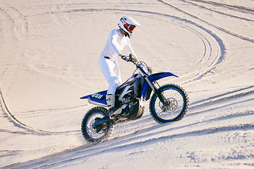 Image showing Sand, desert or man with motorcycle for action, adventure and fitness with performance. Adrenaline, extreme sports and male person on motorbike on dunes for training, exercise and race or challenge