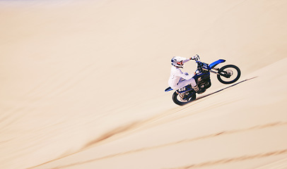 Image showing Bike, sports and mockup with a man in the desert for fitness or adrenaline hobby for freedom. Motorcycle, training and summer with an athlete riding a vehicle in Dubai for energy from above on space