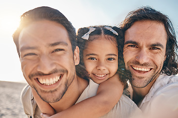 Image showing Portrait of lgbt family on beach, men and child with smile in summer and happy island holiday together. Love, nature and sun, gay couple on tropical ocean vacation with young daughter on piggy back.