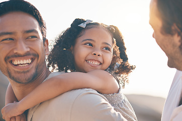 Image showing Gay couple, happy and piggyback with family at beach for seaside holiday, support and travel. Summer, vacation and love with men and child in nature for lgbtq, happiness and bonding together